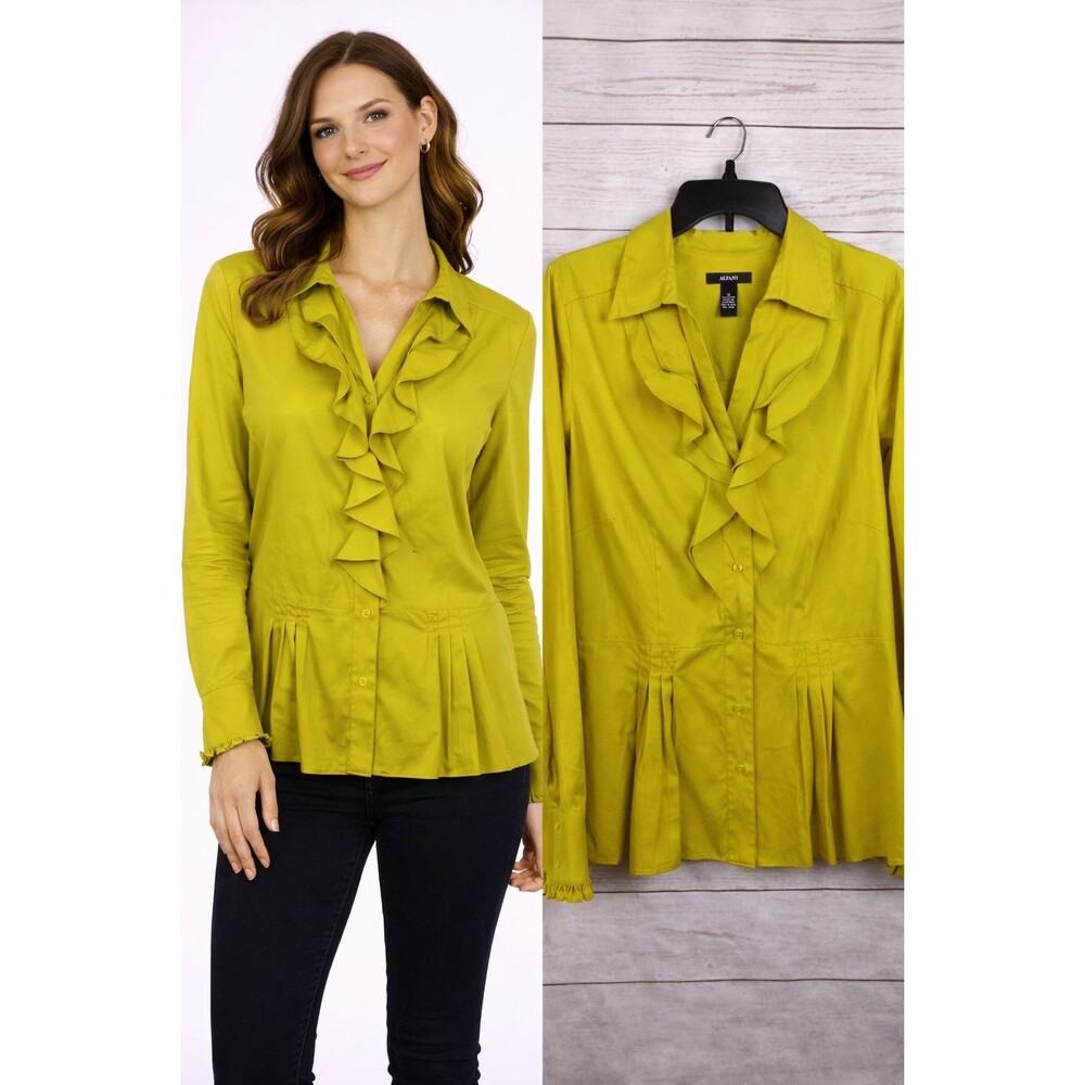 Alfani Ruffle Pleat Shirt Top Size 12 Chartreus Lime Green Long Sleeve Peplum